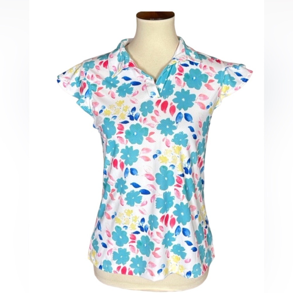 Gottex floral print golf shirt with flutter sleeves Size Medium